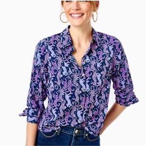 Lilly Pulitzer sea view button down top oyster Bay navy on the catwalk Med NWT